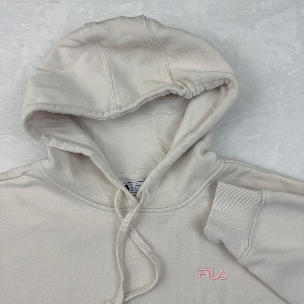 Fila Womens Pullover Hoodie Cream Off White Pink Embroidered Logo Size Large